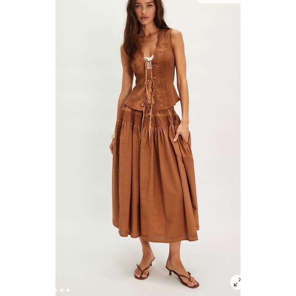 Free People Tan-Brown Tiered Midi Skirt - Picture 3 of 11